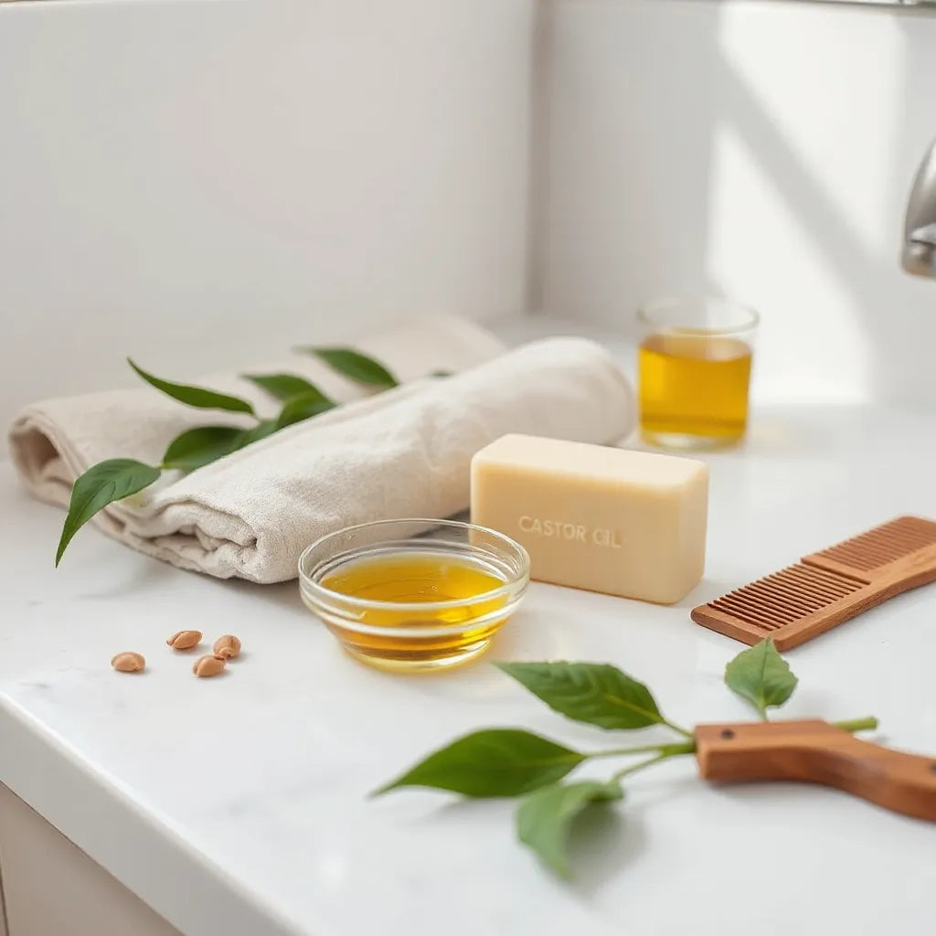 Castor oil conditioner bar with golden oil, towel, and comb on a clean countertop