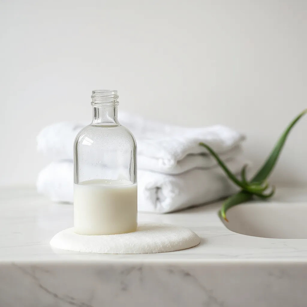 Gentle shampoo bottle with soft lather and aloe leaf on a clean bathroom counter