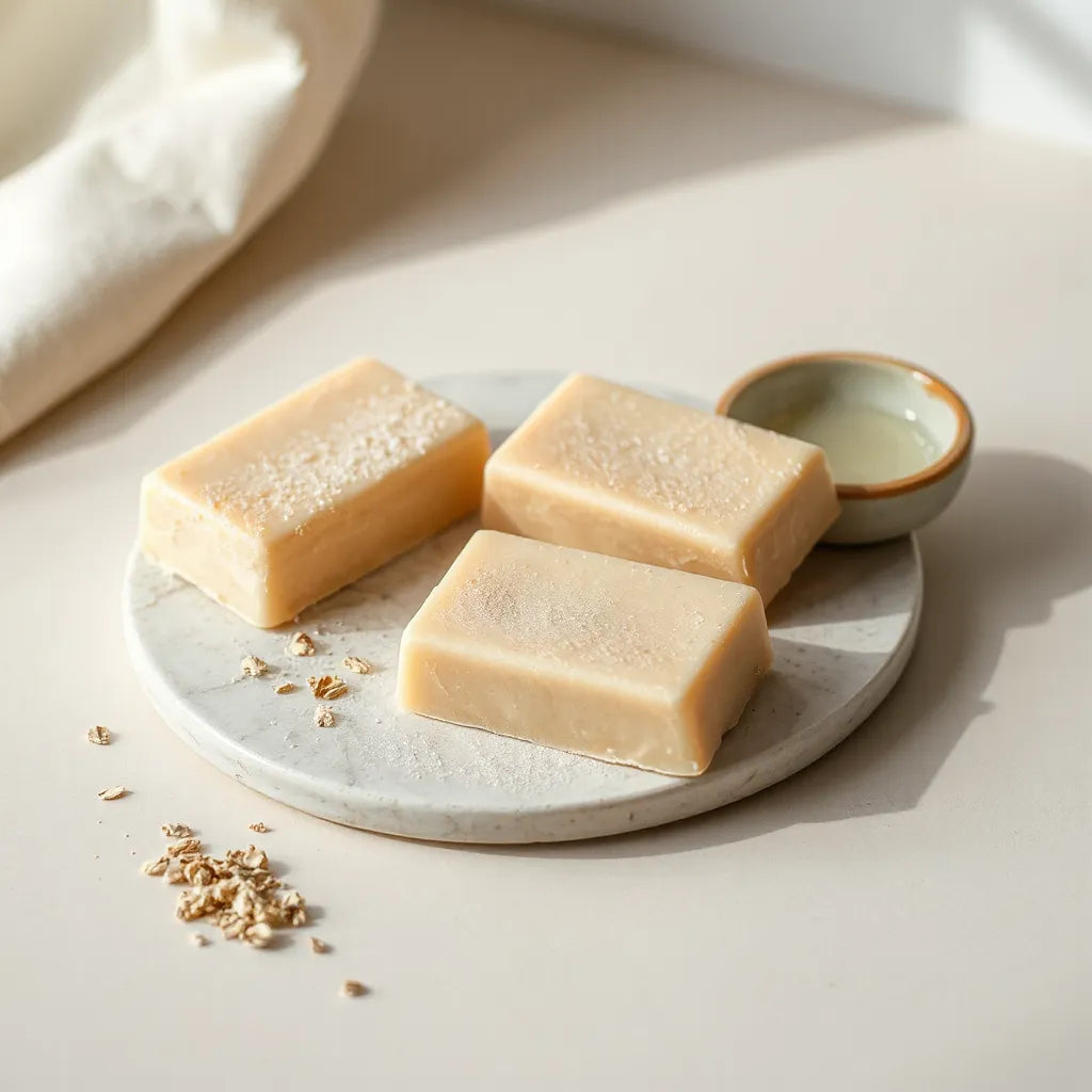 Handmade shampoo bars on a ceramic tray with natural dry-hair care ingredients beside them
