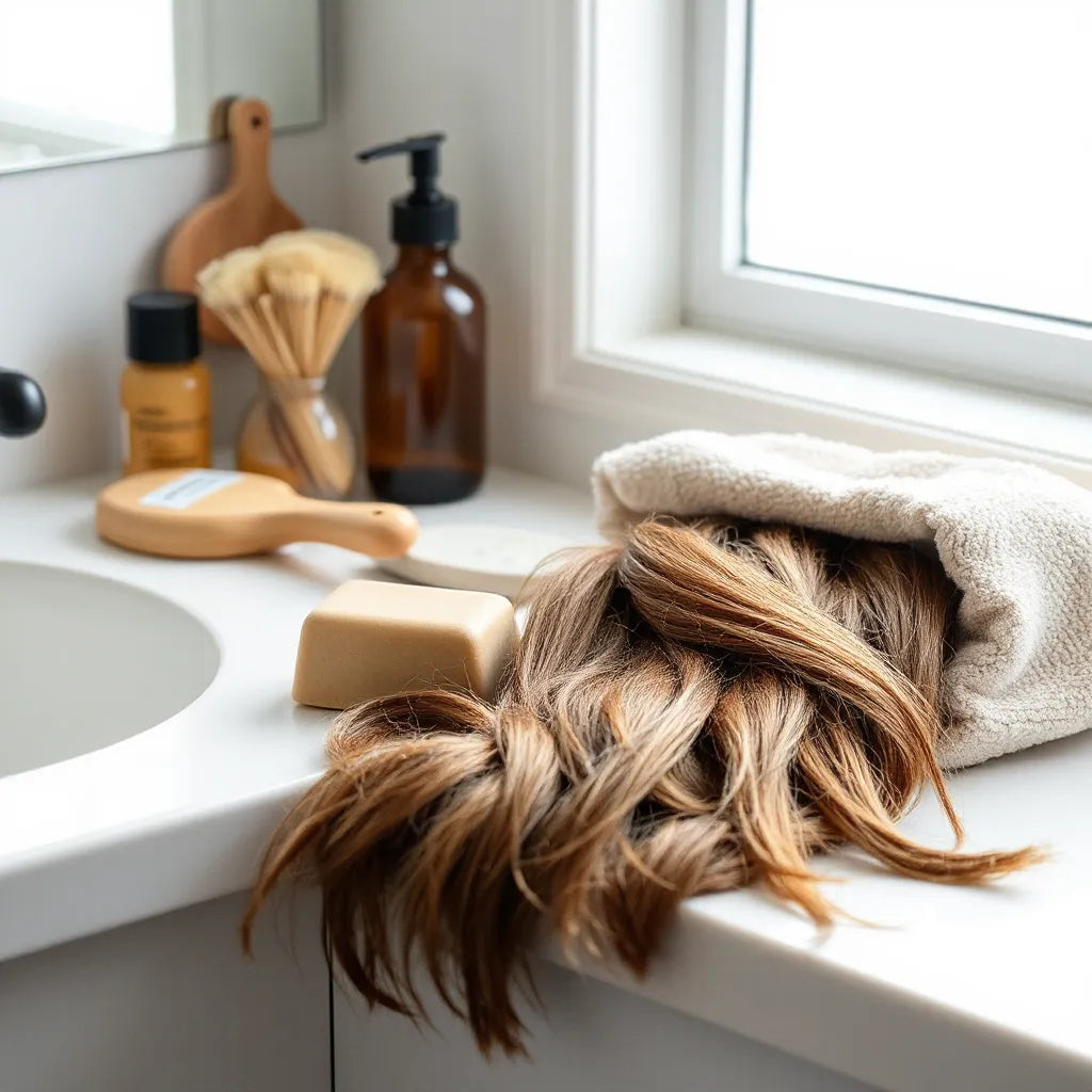 Handmade shampoo bar on a countertop with thick hair strands and natural light