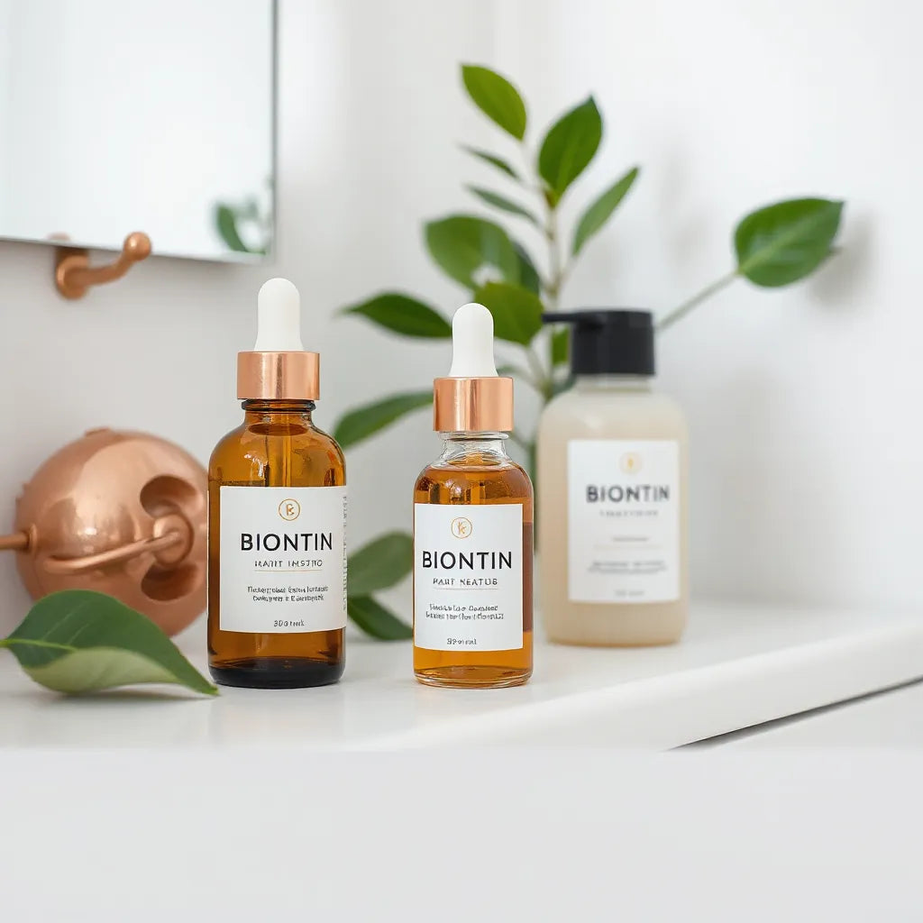 Minimal hair care bottles and dropper serum on a bathroom vanity with soft natural light