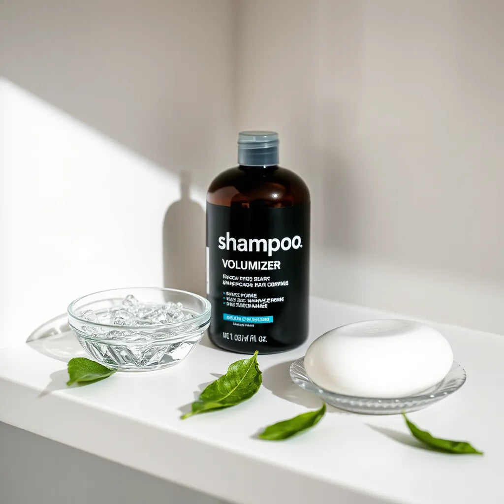 Volumizing shampoo bar resting beside water droplets and subtle lather with green leaves in a clean bathroom scene
