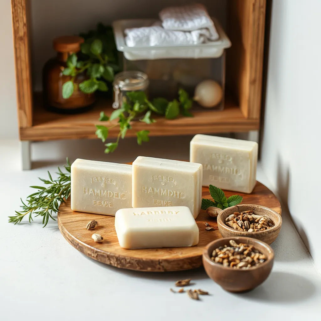 Herbal shampoo bars on a wooden shelf with fresh green herbs in soft daylight