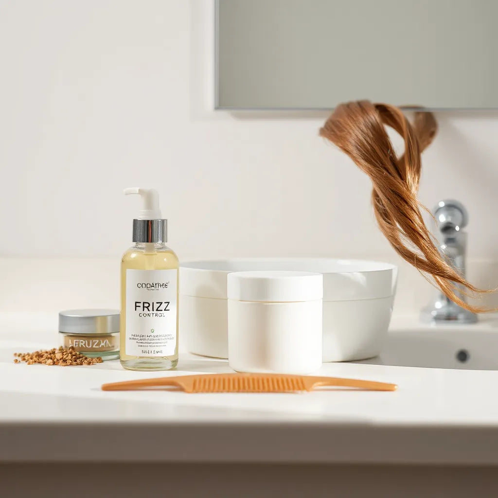 Sleek frizz-control hair serum and conditioner beside a comb with smooth hair strands