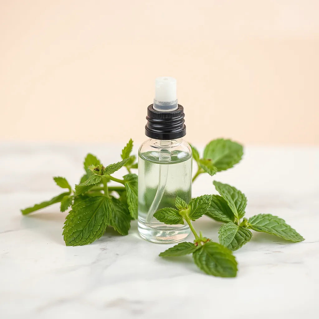 Glass bottle of peppermint essential oil conditioner with fresh peppermint leaves on a clean surface
