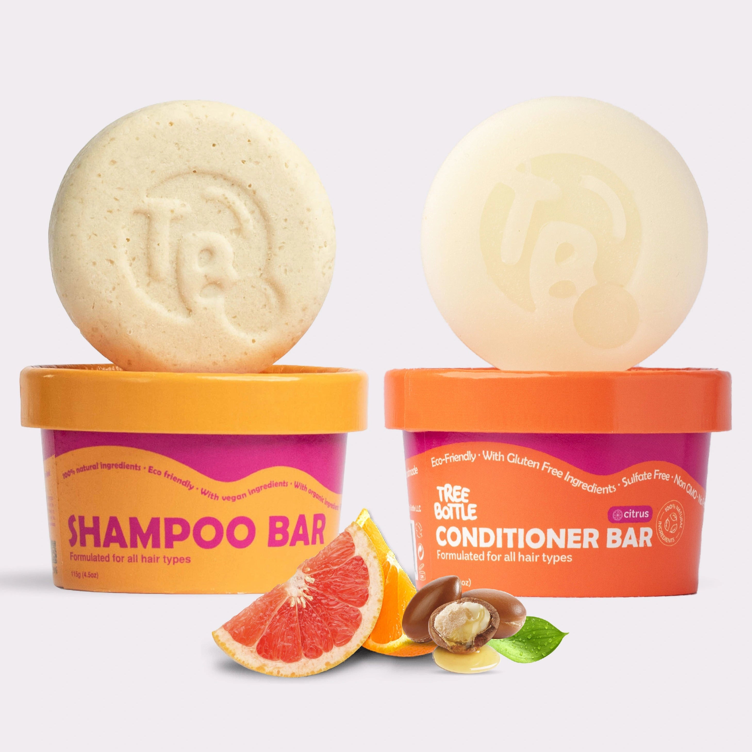 Shampoo & Conditioner Bar Set - Citrus Essential Oils & Panthenol - for Shine & Frizz Control - Tree Bottle
