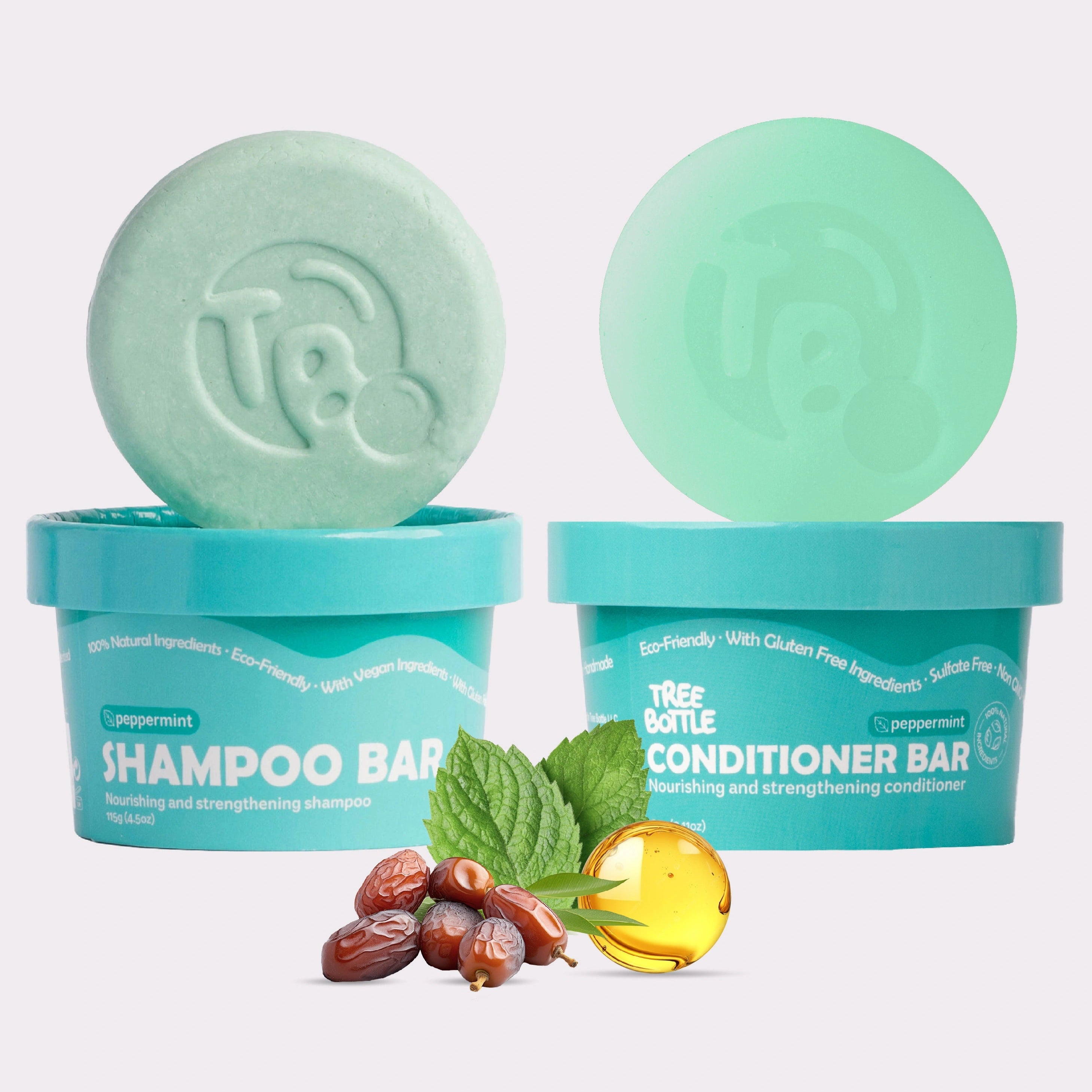 Shampoo & Conditioner Bar Set - Peppermint Essential Oils & Biotin - for Hair Growth - Tree Bottle