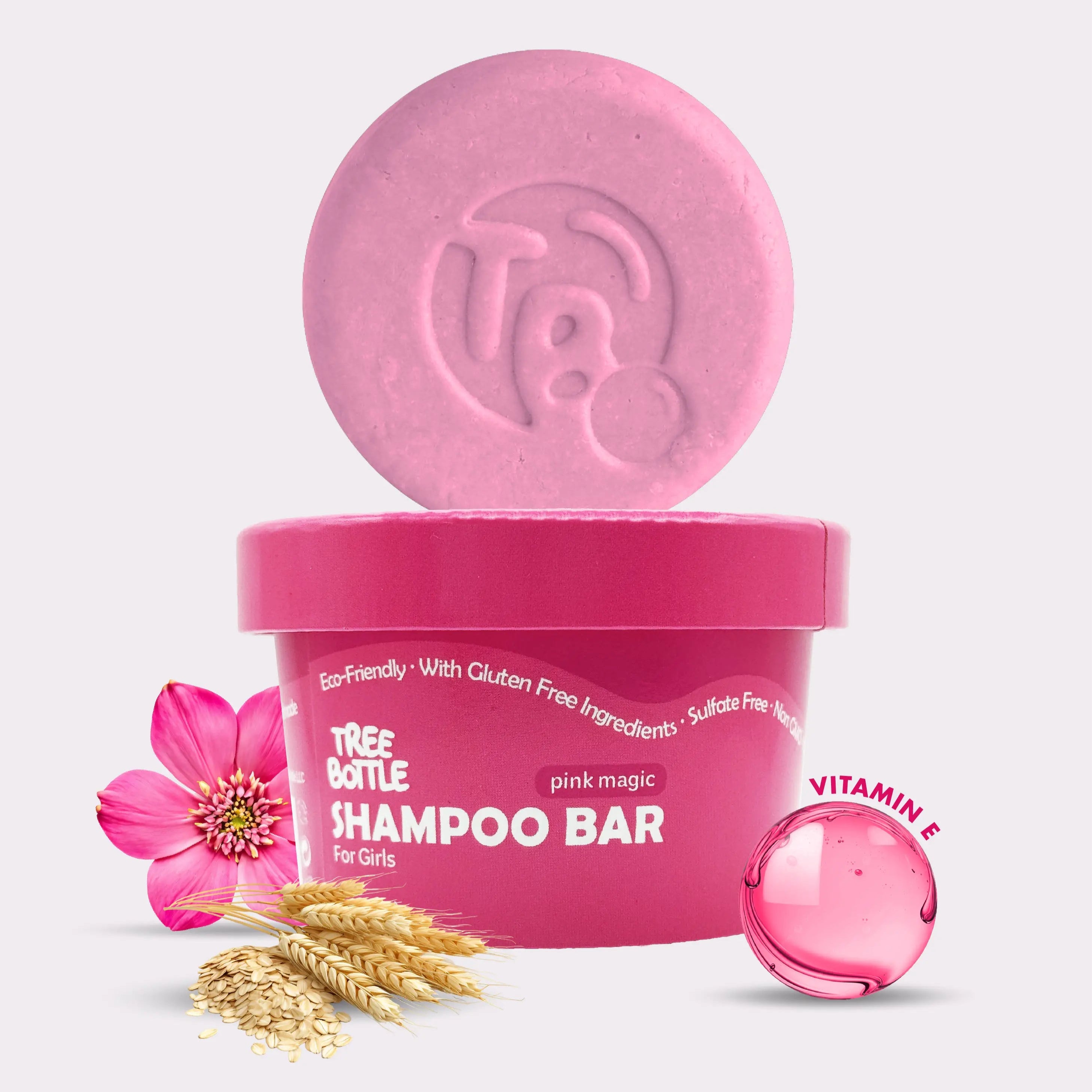 Pink shampoo bar with packaging on a light pink background