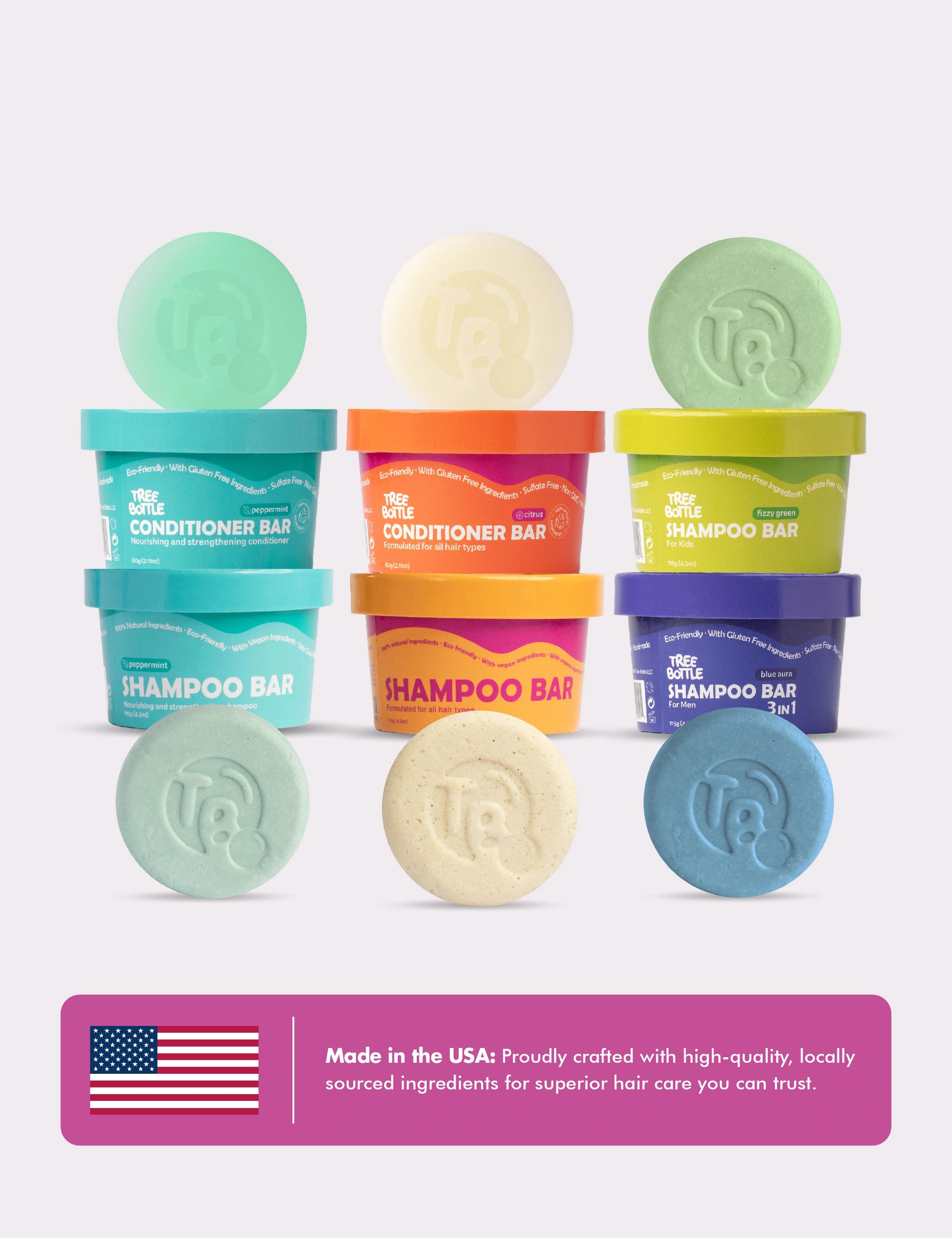 Shampoo & Conditioner Bar Set - Citrus Essential Oils & Panthenol - for Shine & Frizz Control - Tree Bottle