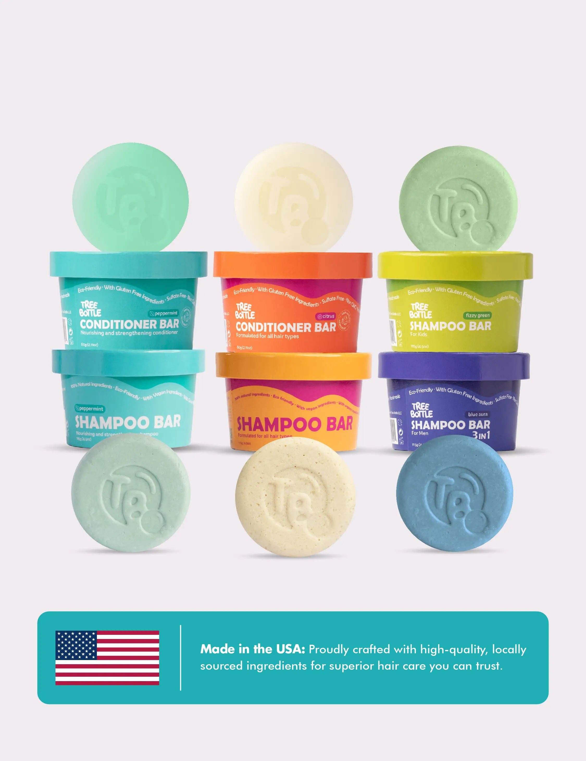 Shampoo & Conditioner Bar Set - Peppermint Essential Oils & Biotin - for Hair Growth - Tree Bottle