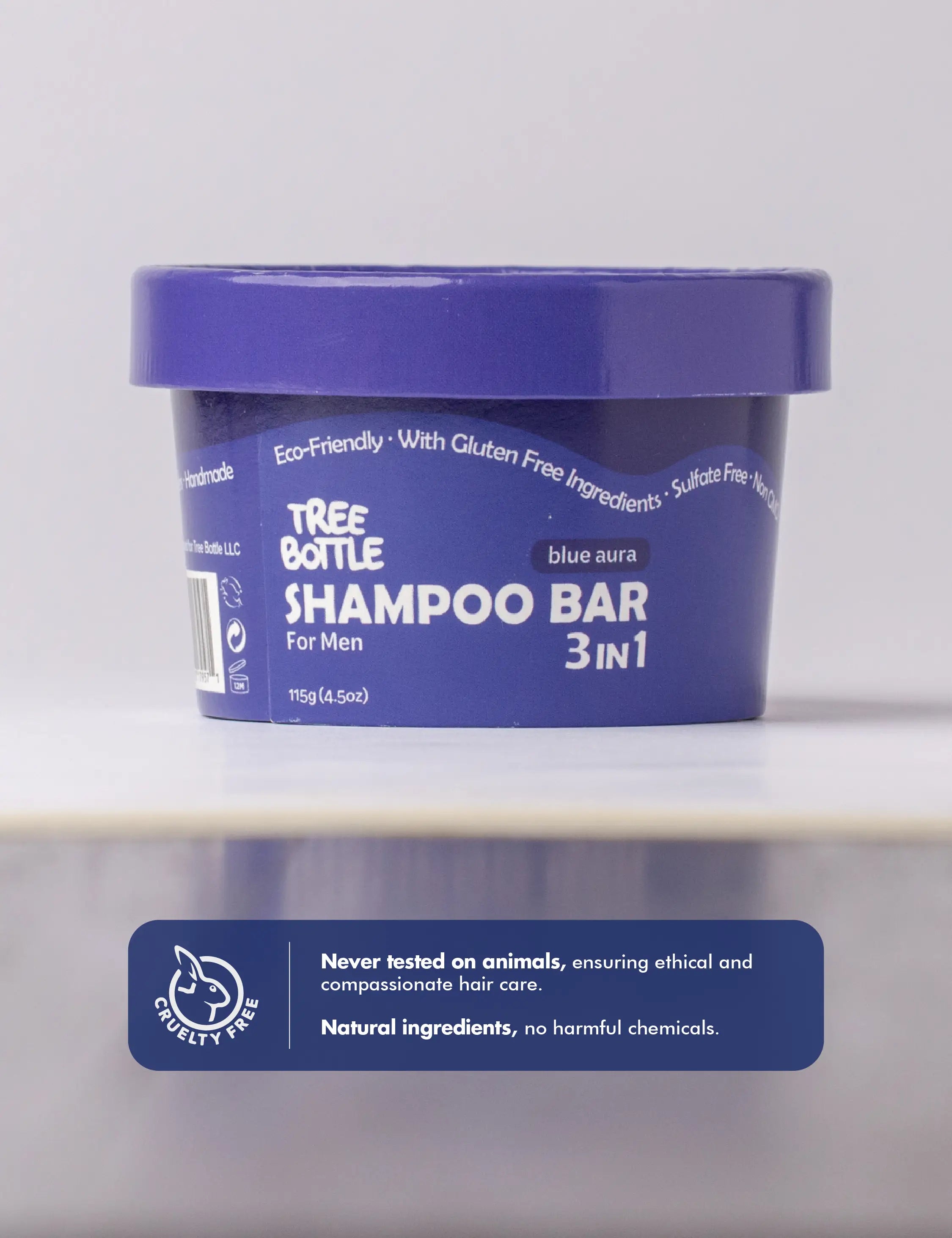 Tree Bottle Shampoo Bar - 3-in-1 for Men | All-in-one bar for hair, beard, and body with Blue Aura fragrance. Deep cleansing, hydration, and freshness in every use