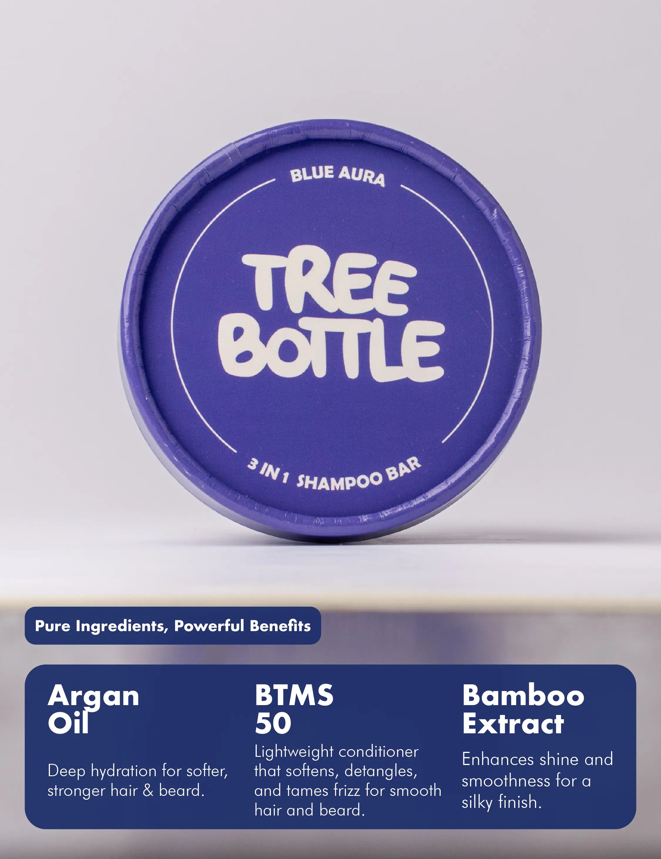Tree Bottle Shampoo Bar - 3-in-1 for Men | All-in-one bar for hair, beard, and body with Blue Aura fragrance. Deep cleansing, hydration, and freshness in every use
