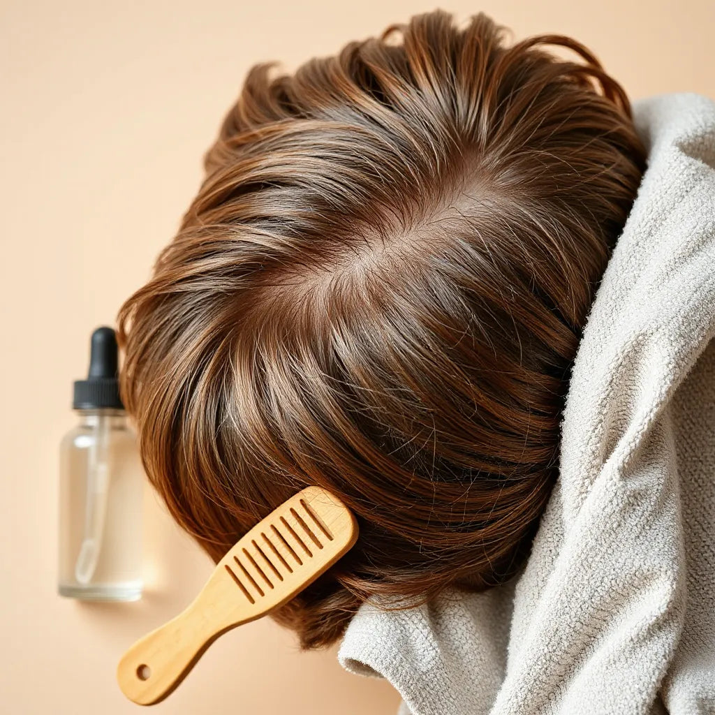 Person applying natural hair care oil near a wooden comb and microfiber towel on a clean surface