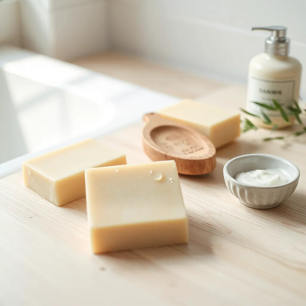 Handcrafted sulfate-free shampoo bars on a light wooden counter with soft lather and fresh plant accents