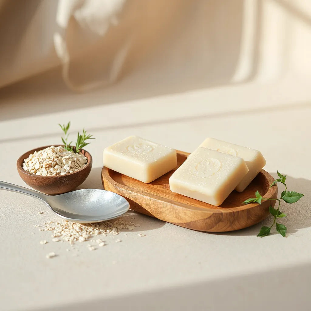 Eco-friendly shampoo bars on a wooden dish with herbs and oatmeal in soft natural light.