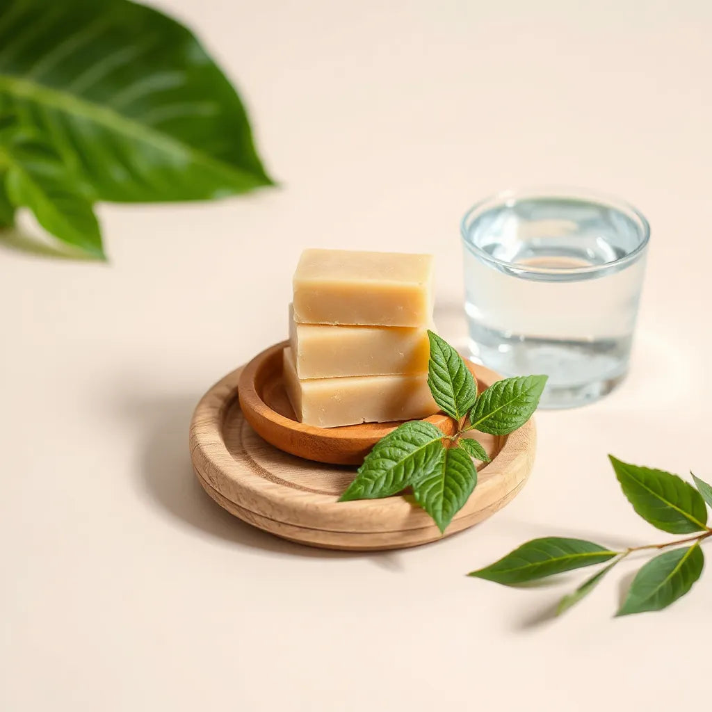 Hair growth shampoo bars in a wooden dish with green leaves on a light background
