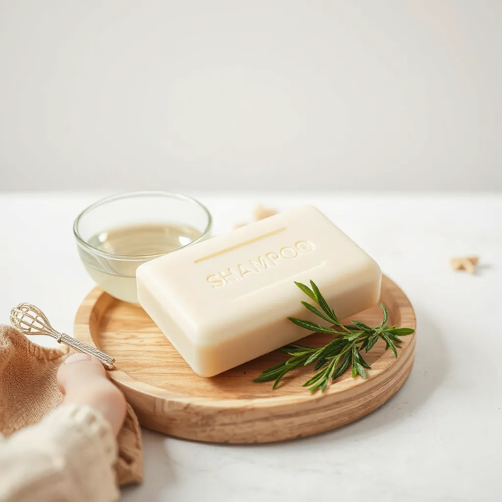 Hair growth shampoo bar on a wooden dish with fresh herb sprigs and soft daylight