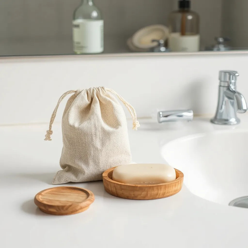 Eco-friendly fabric pouch with a solid shampoo bar and bamboo dish on a clean bathroom countertop