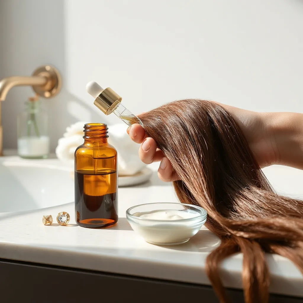 Hand applying creamy serum to hair strands beside a clear dropper bottle on a minimal vanity