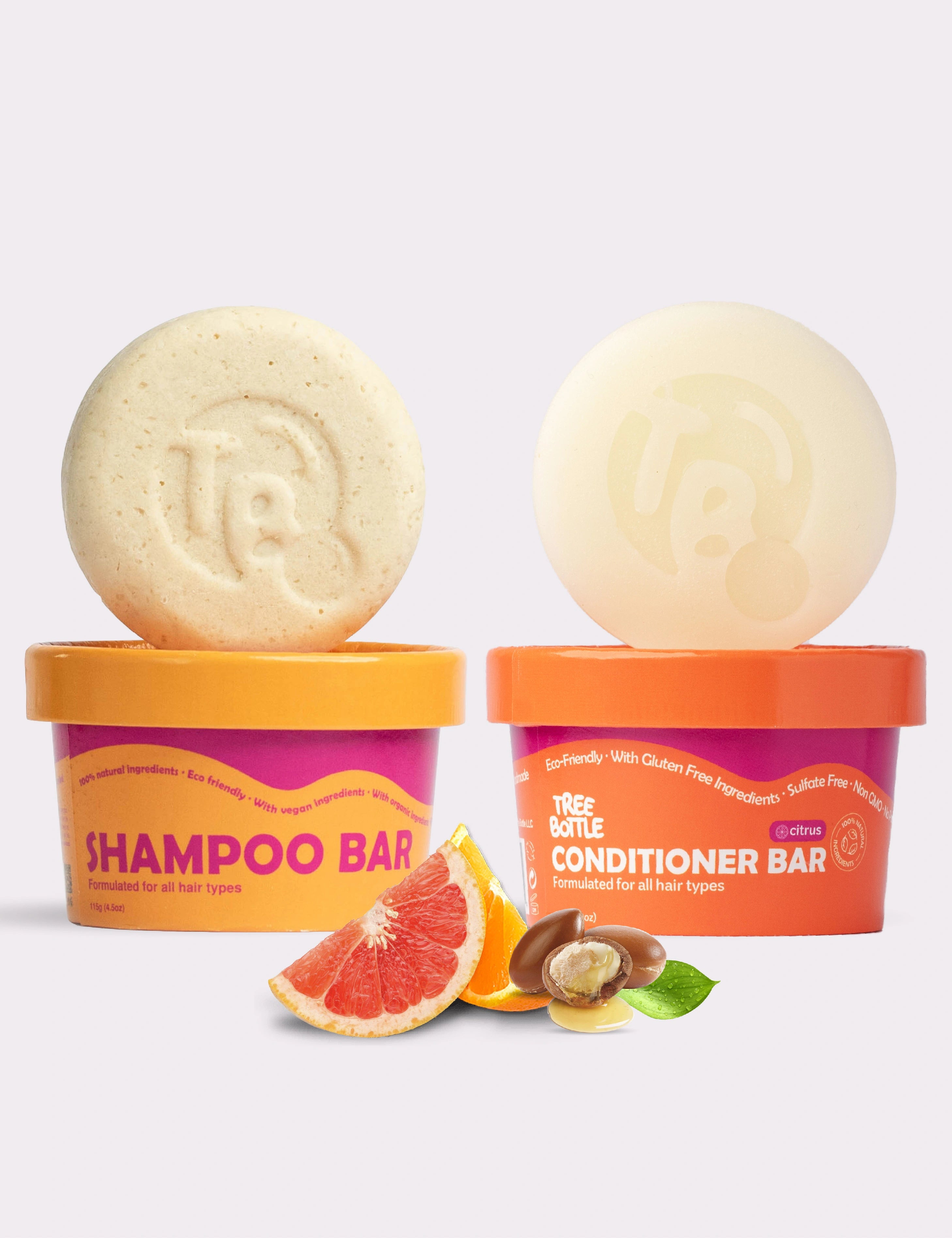Shampoo & Conditioner Bar Set - Citrus Essential Oils & Panthenol - for Shine & Frizz Control - Tree Bottle