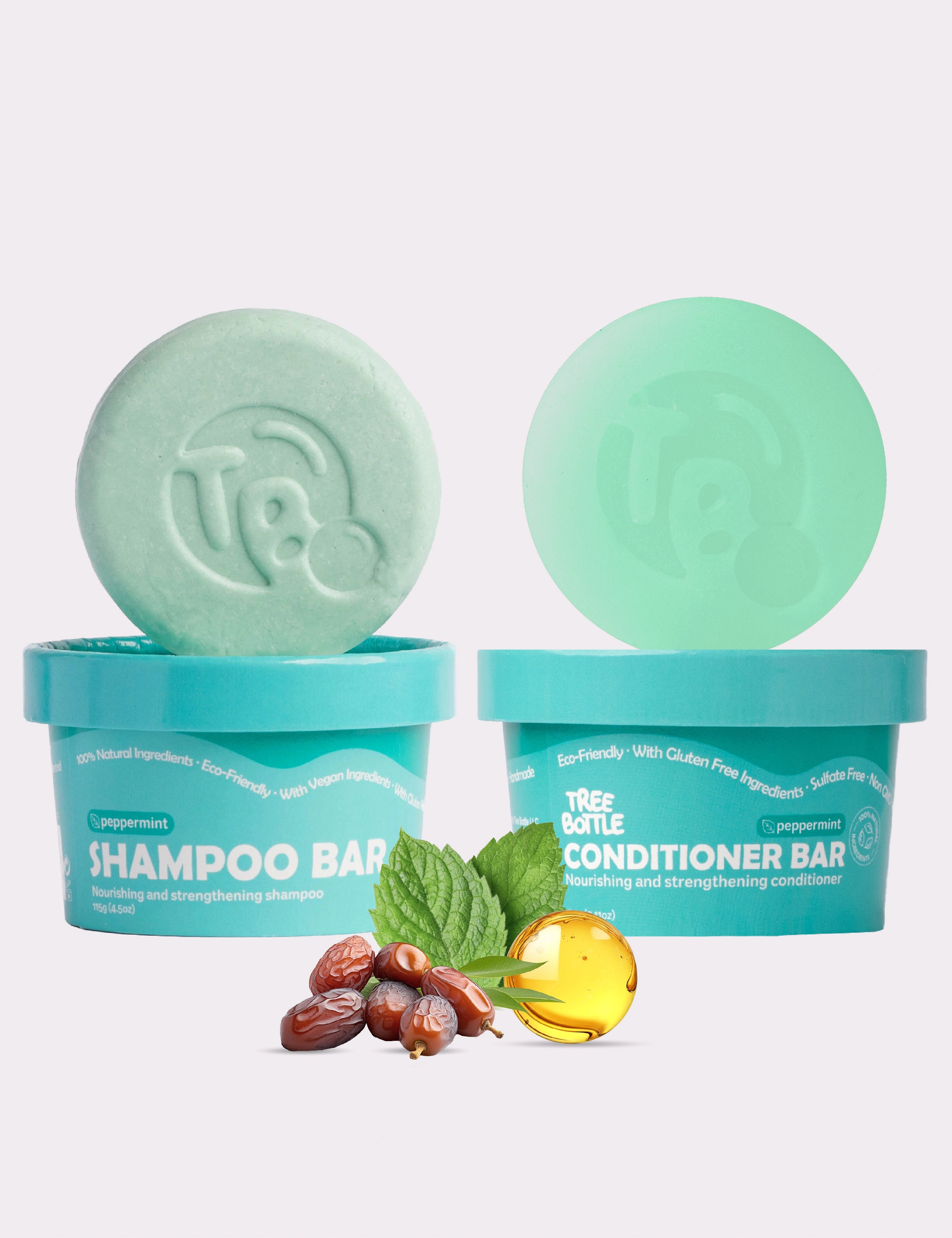 Shampoo & Conditioner Bar Set - Peppermint Essential Oils & Biotin - for Hair Growth - Tree Bottle